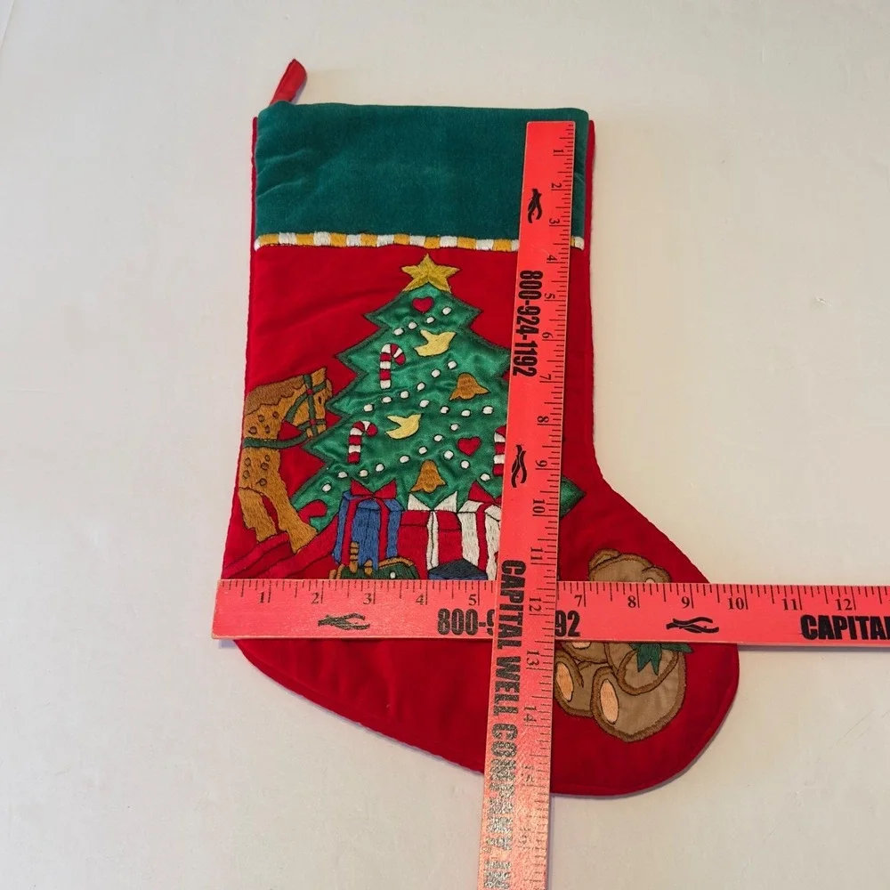 Vintage Style Red Velvet Christmas Stocking Embroidered Tree‎ Bear Rocking Horse